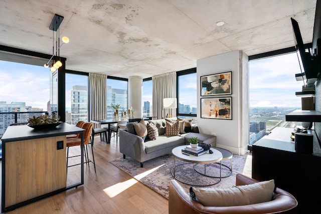 living room with expansive windows and light wood-type flooring