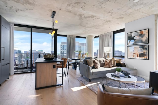 living room featuring floor to ceiling windows and light wood-type flooring