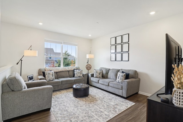 living room with dark hardwood / wood-style floors