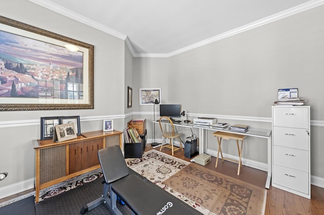 office area featuring ornamental molding and dark hardwood / wood-style flooring