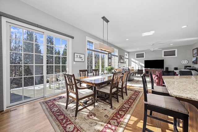 dining area with ceiling fan and light wood-type flooring