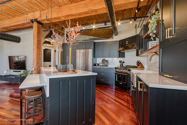 kitchen featuring beam ceiling, premium appliances, pendant lighting, and dark hardwood / wood-style floors