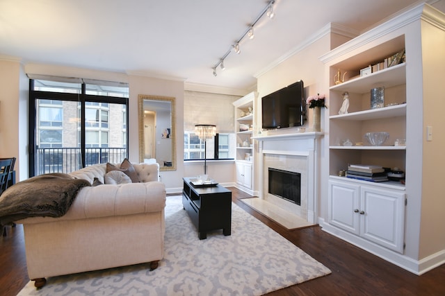 living room featuring ornamental molding, rail lighting, dark wood-type flooring, and a wealth of natural light