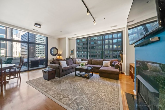 living room featuring a wall of windows, hardwood / wood-style floors, and rail lighting