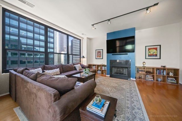 living room featuring rail lighting and hardwood / wood-style flooring