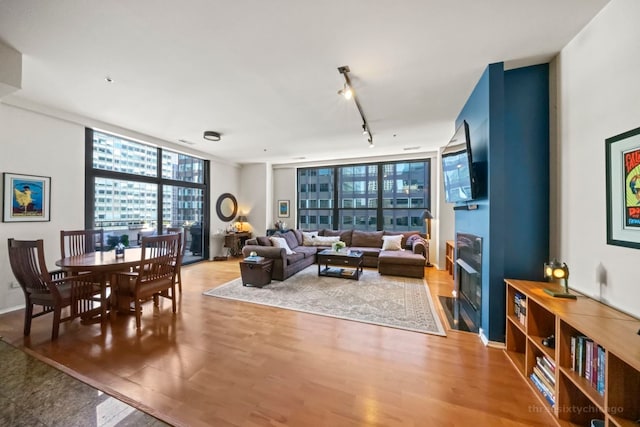 living room with expansive windows, track lighting, and hardwood / wood-style floors