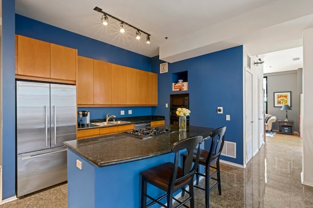 kitchen featuring dark stone counters, a kitchen breakfast bar, sink, appliances with stainless steel finishes, and track lighting