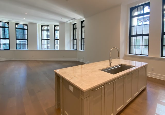 kitchen with wood-type flooring, a center island with sink, sink, white cabinets, and light stone counters