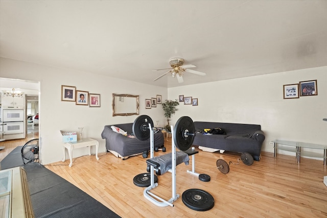 exercise room featuring wood-type flooring and ceiling fan with notable chandelier