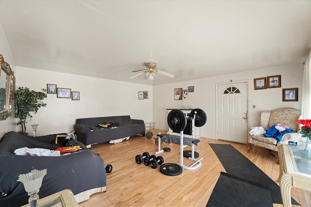 exercise room featuring hardwood / wood-style flooring and ceiling fan