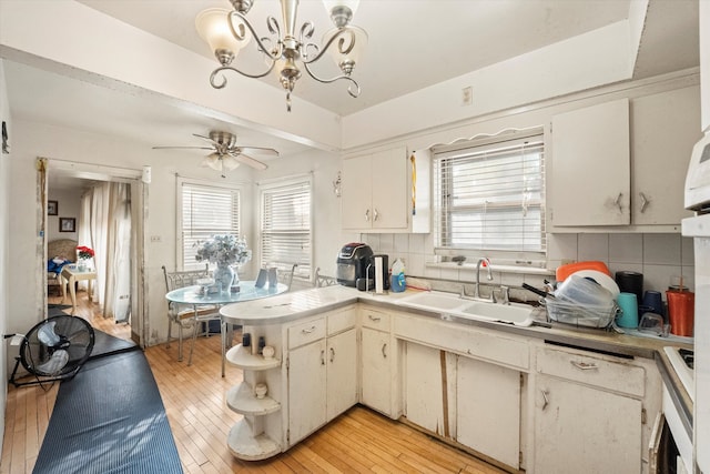 kitchen with light hardwood / wood-style floors, tasteful backsplash, and sink