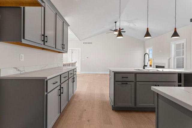kitchen with a sink, visible vents, and gray cabinetry