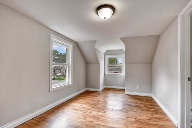 additional living space featuring plenty of natural light, vaulted ceiling, and light hardwood / wood-style flooring