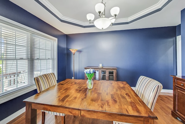 dining space featuring light wood-type flooring, plenty of natural light, and a raised ceiling