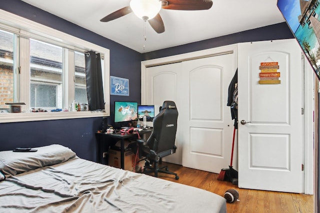 bedroom featuring wood-type flooring, a closet, and ceiling fan