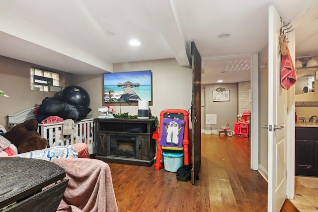 living room featuring wood-type flooring and sink