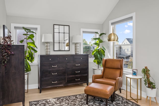 living area featuring light hardwood / wood-style flooring and vaulted ceiling