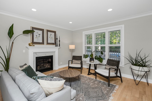 living room with ornamental molding, light wood-type flooring, and a fireplace