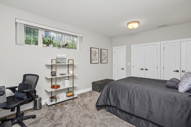 carpeted bedroom featuring two closets