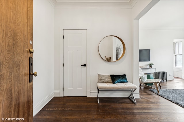 foyer with crown molding and dark hardwood / wood-style flooring