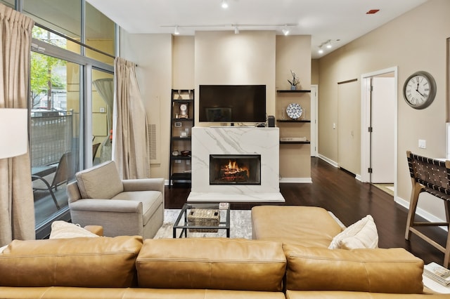 living room featuring dark hardwood / wood-style floors, a fireplace, and rail lighting