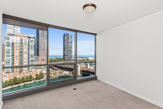 carpeted empty room with expansive windows, crown molding, and a water view