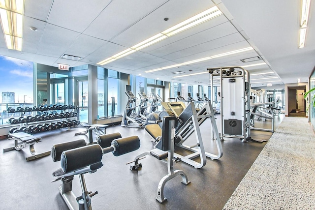 workout area with floor to ceiling windows