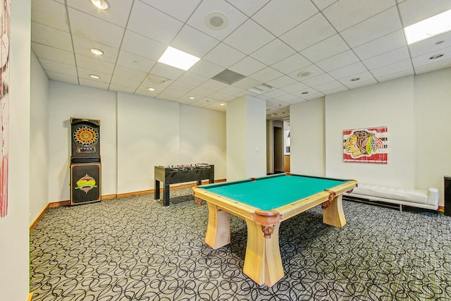 game room with carpet, a paneled ceiling, and billiards