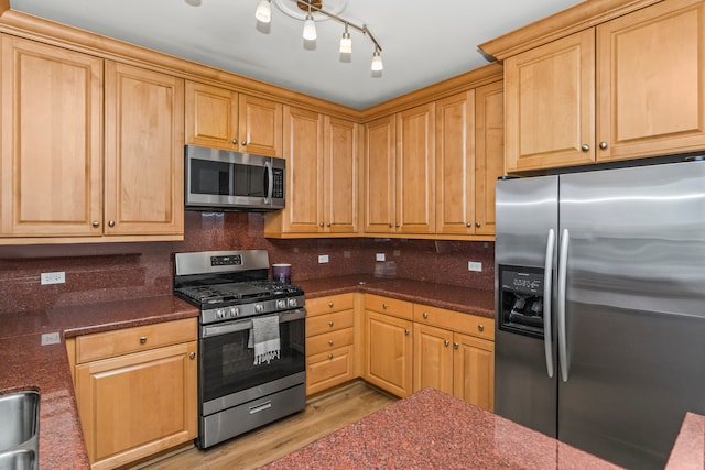 kitchen with tasteful backsplash, light hardwood / wood-style flooring, and stainless steel appliances