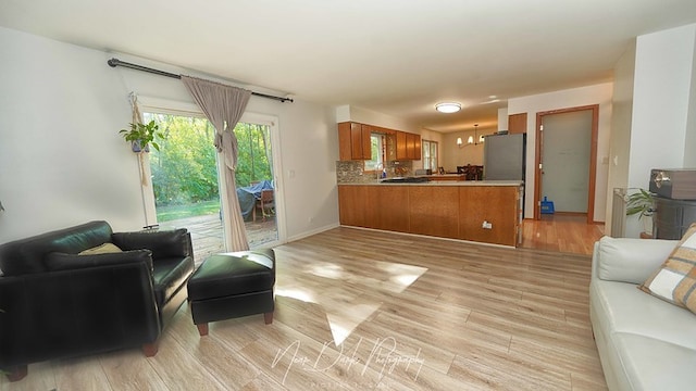 living room featuring light hardwood / wood-style floors and an inviting chandelier