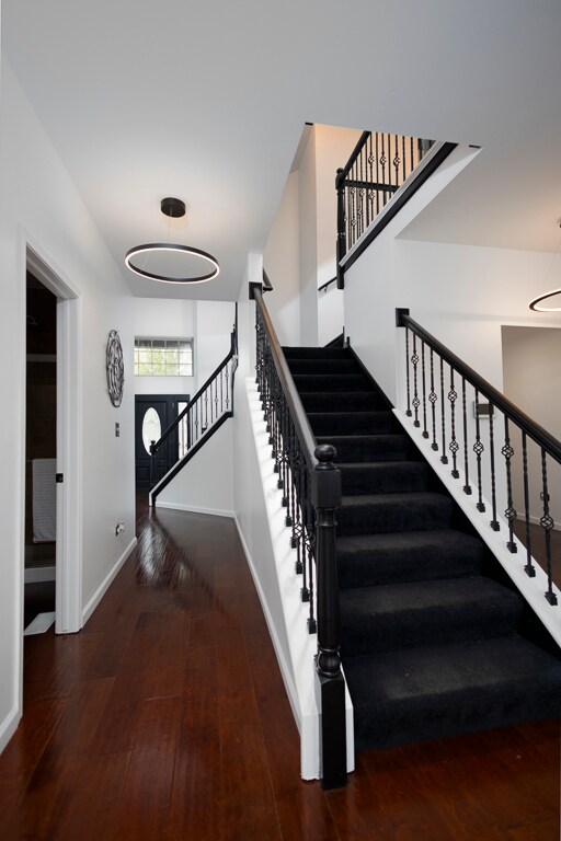 stairs featuring hardwood / wood-style floors