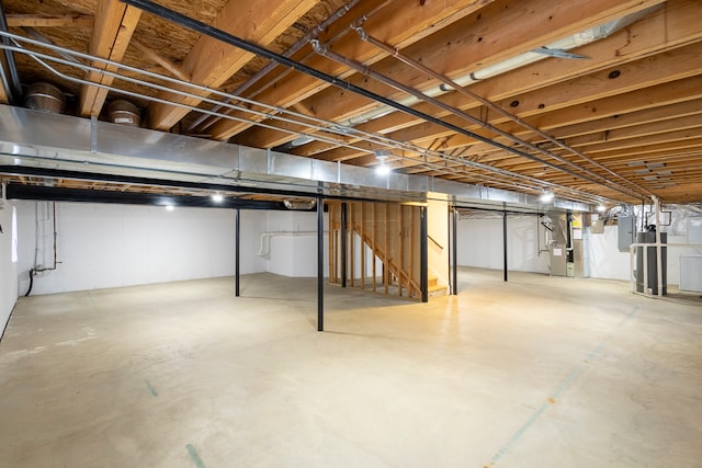 basement with electric panel and heating unit