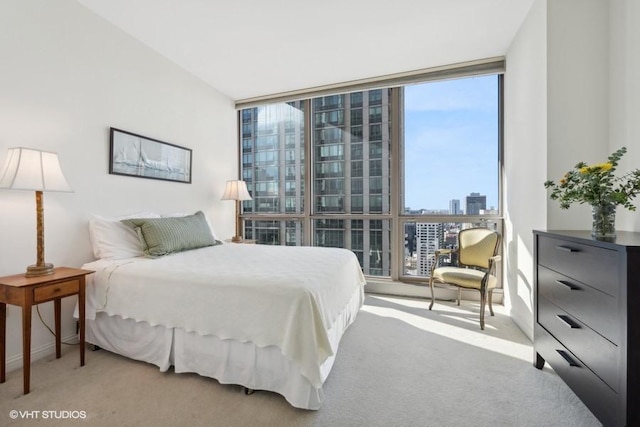 bedroom featuring light carpet and expansive windows