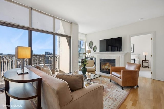 living room featuring floor to ceiling windows and light wood-type flooring