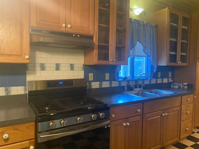 kitchen with gas stove, sink, and backsplash