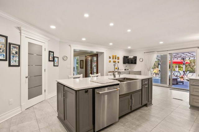 27 Hickory Ln, White Heath, IL 61884 - kitchen featuring dishwasher, crown molding, light countertops, an island with sink, and light tile patterned floors