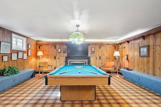 27 Hickory Ln, White Heath, IL 61884 - recreation room with carpet floors, billiards table, wooden walls, and a brick fireplace