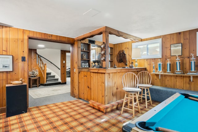 27 Hickory Ln, White Heath, IL 61884 - indoor dry bar with wood walls, carpet, and stairway