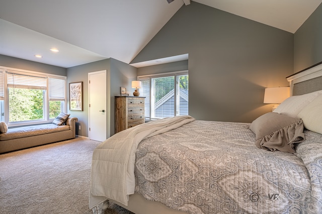 carpeted bedroom with high vaulted ceiling