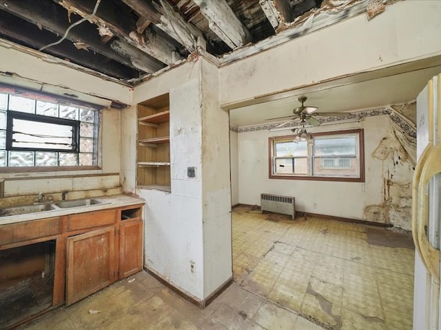 interior space featuring sink, radiator heating unit, a healthy amount of sunlight, and ceiling fan