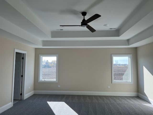 carpeted spare room with a wealth of natural light, ceiling fan, and a tray ceiling