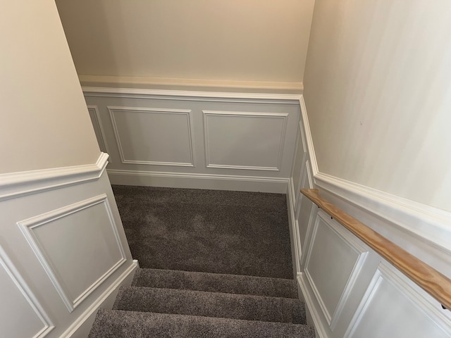 stairway featuring carpet