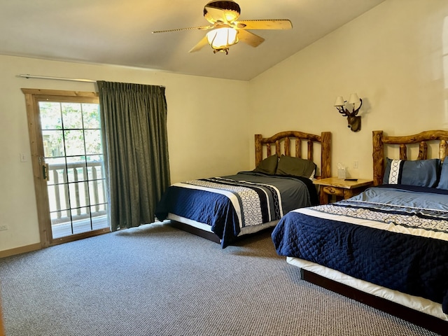 carpeted bedroom featuring lofted ceiling, access to exterior, and ceiling fan