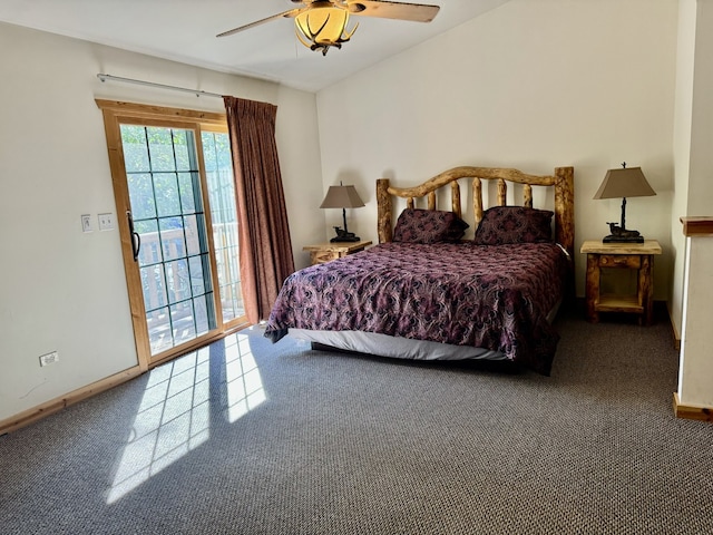 carpeted bedroom with ceiling fan and access to outside