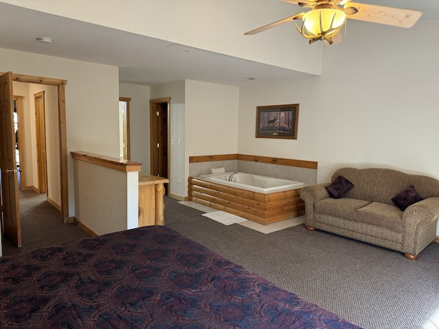 bedroom featuring dark carpet and ceiling fan