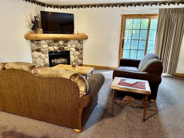 living room featuring a fireplace and carpet flooring