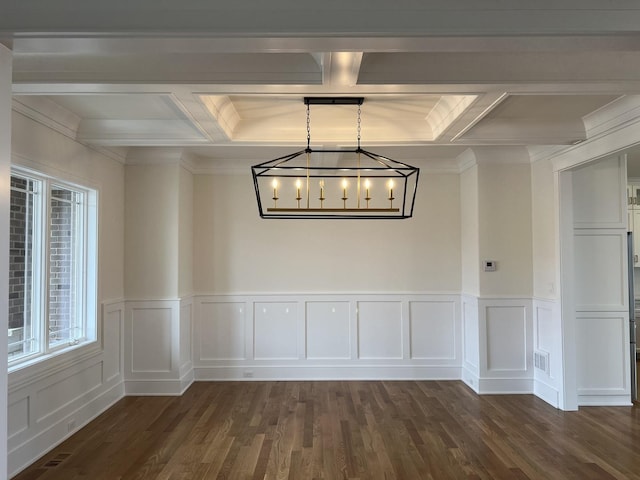 8673 High Stone Way, Frankfort, IL 60423 - unfurnished dining area with coffered ceiling, dark wood finished floors, beam ceiling, and a chandelier