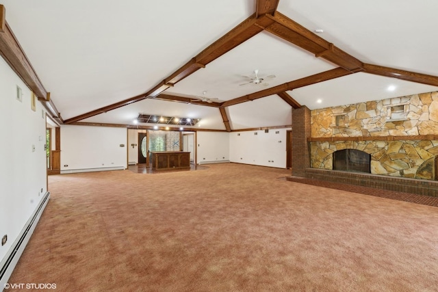 unfurnished living room featuring ceiling fan, baseboard heating, lofted ceiling with beams, a fireplace, and carpet