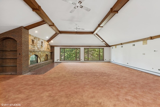 unfurnished living room featuring vaulted ceiling with beams, ceiling fan, carpet floors, and a fireplace