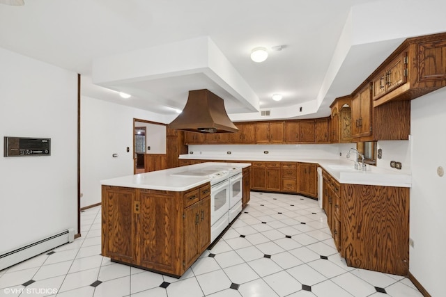 kitchen with a baseboard heating unit, electric stove, sink, a kitchen island, and island range hood